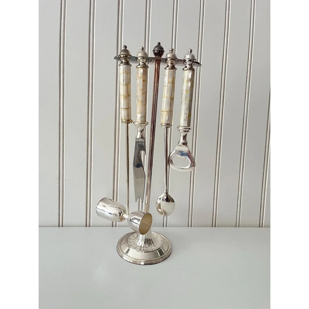 Towle Silversmiths Mother of Pearl Five-Piece Bar set. Silverplated, Brand NEW
